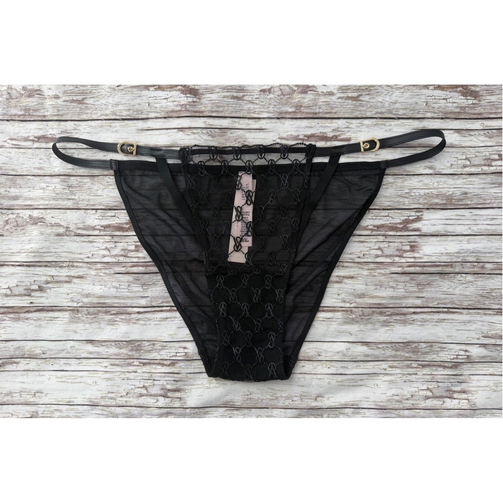 Victorias Secret Very Sexy Black Mesh Monogram String Bikini Panty Large BWT